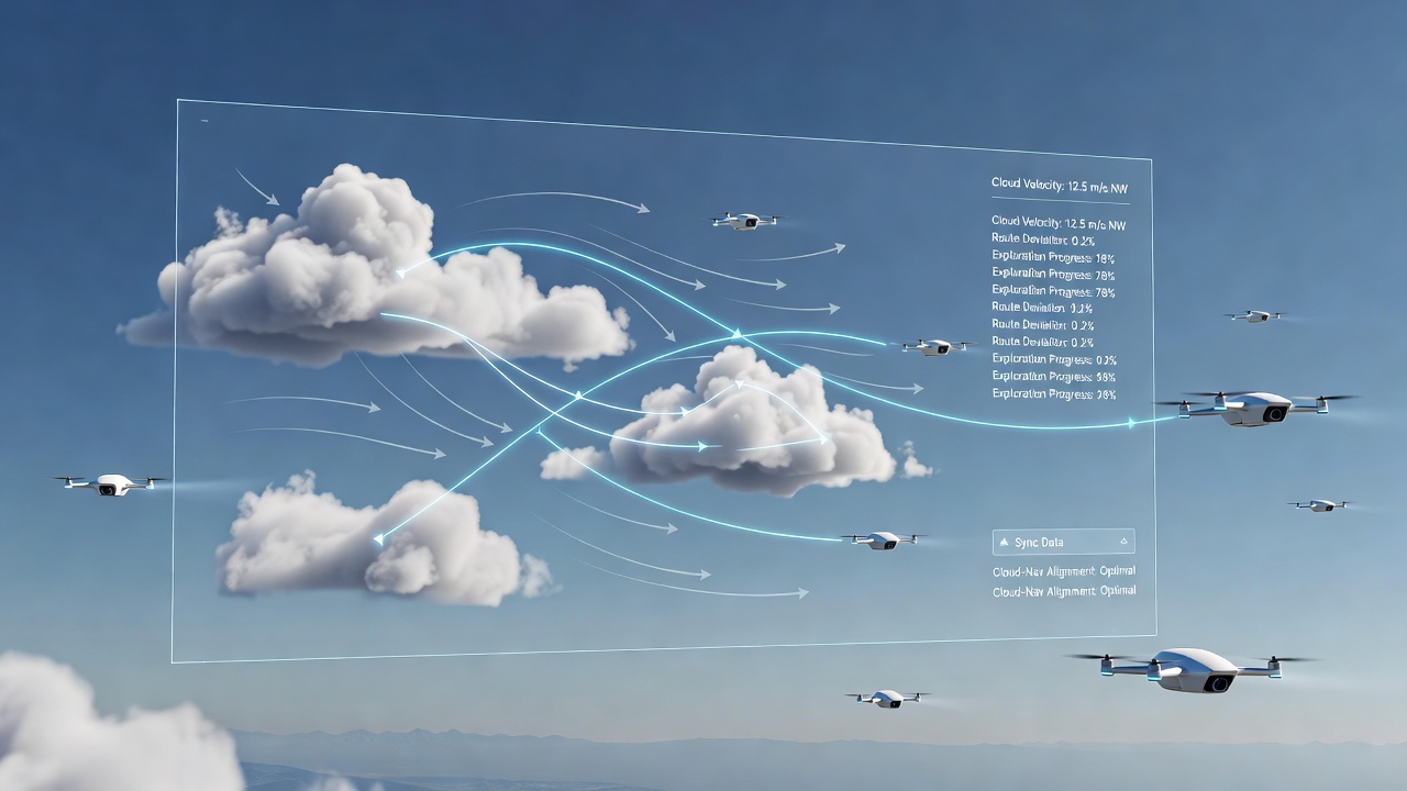 Developer dashboard displaying overlaid cloud vector fields and player navigation route adjustments in an aerial game editor