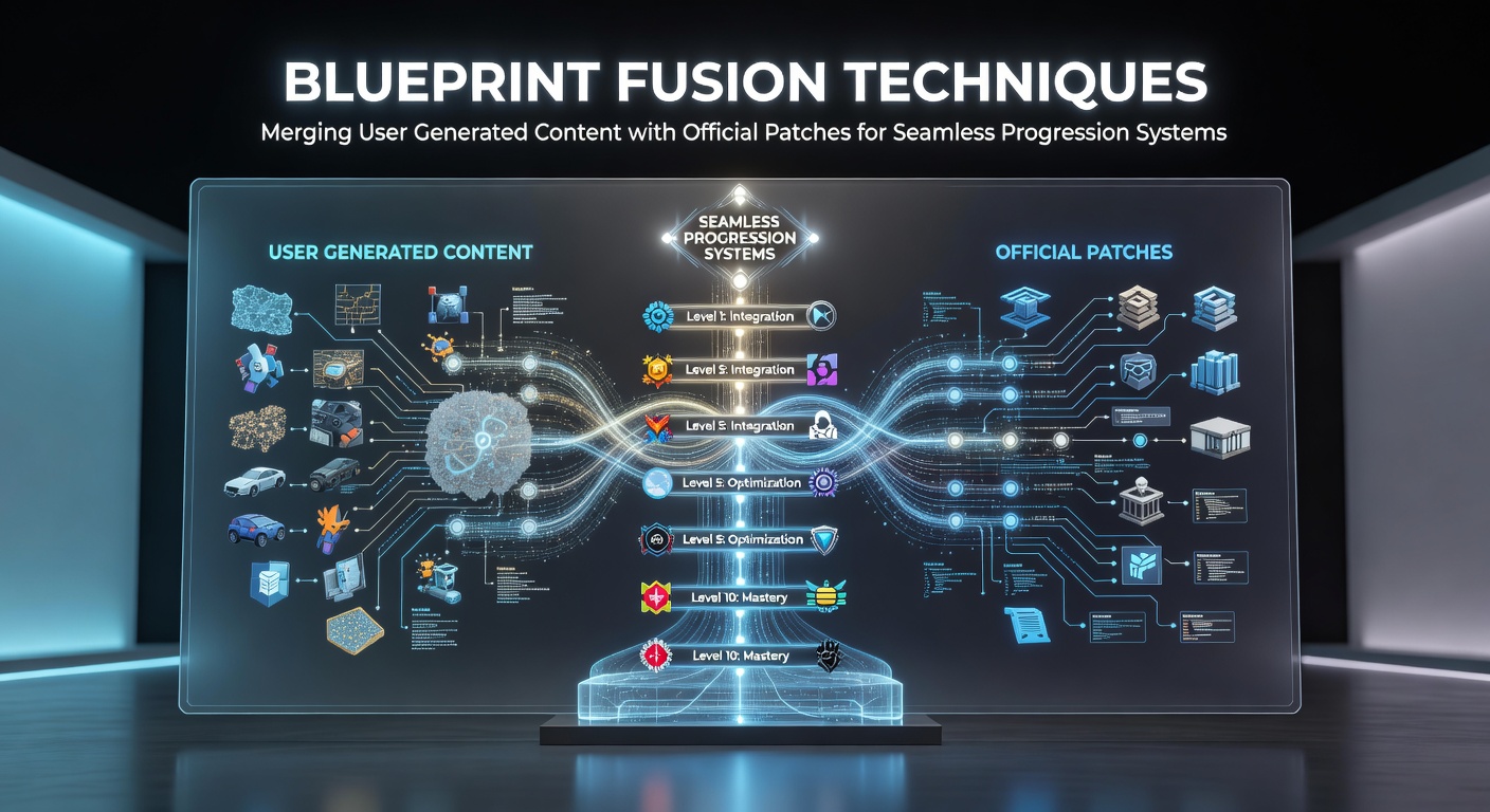 Diagram showing blueprint fusion process where user generated content integrates with official game patches to create unified progression paths