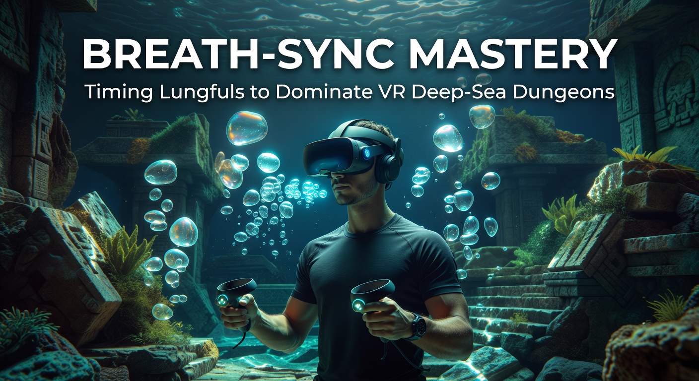 A VR player immersed in a deep-sea dungeon, bubbles rising as they time a precise breath for optimal oxygen sync