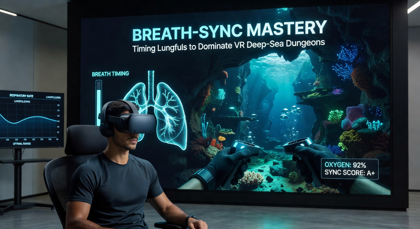 Close-up of a gamer's face in VR headset, chest rising and falling in perfect sync with deep-sea oxygen meter on display