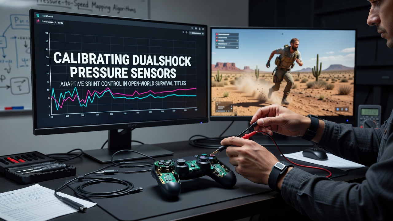 DualShock controller pressure sensor calibration setup on a workbench with diagnostic tools