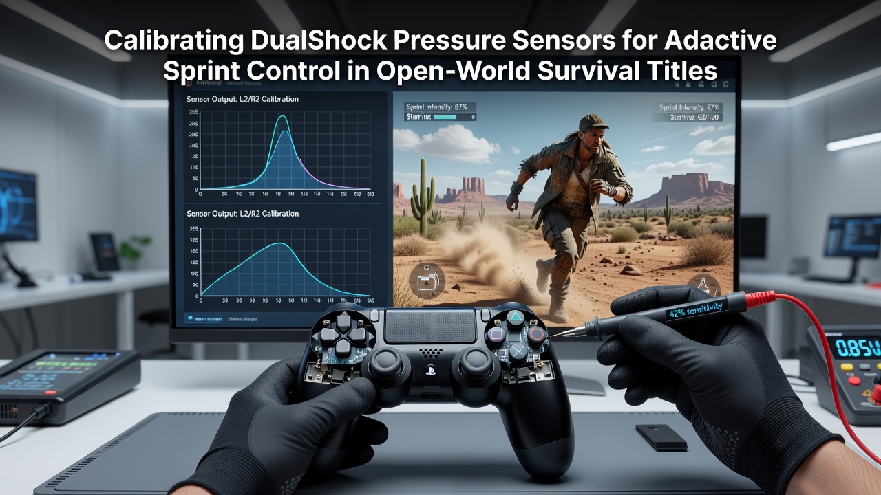 In-game calibration interface showing pressure sensor mapping for sprint control in a survival game environment