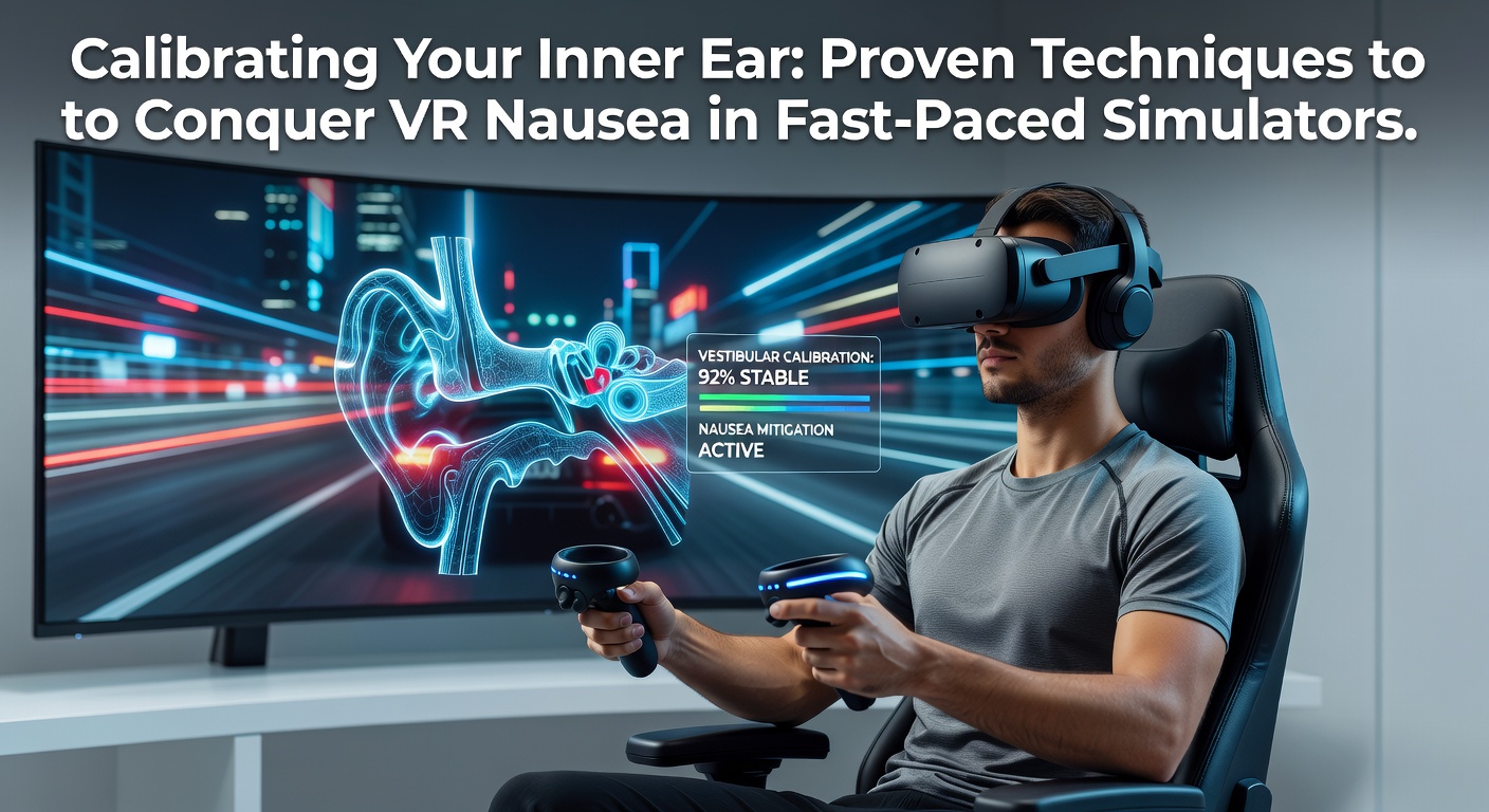 Gamer adjusting VR headset straps while seated in a racing simulator setup, focusing on inner ear calibration display