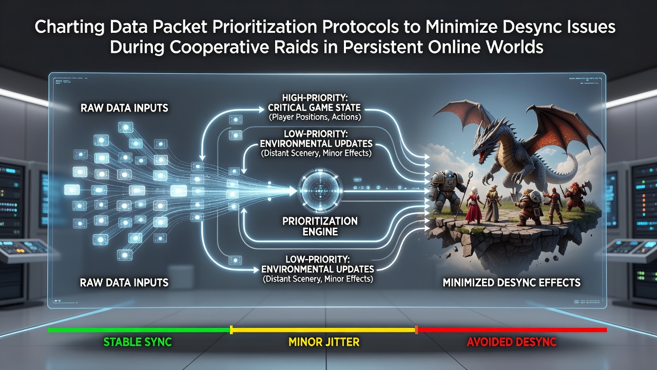Network diagram showing prioritized data packets flowing between servers and multiple player clients during a raid encounter