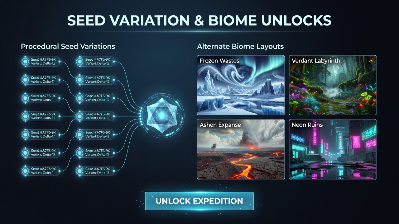 Procedural seed mapping interface displaying multiple biome layout variations in a roguelike survival expedition