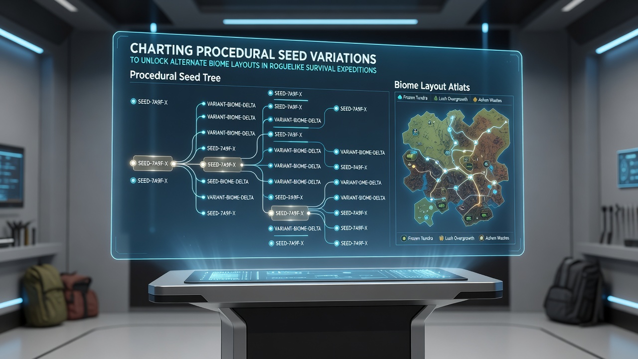 Detailed biome layout chart showing alternate seed variations with marked resource clusters and hazard zones