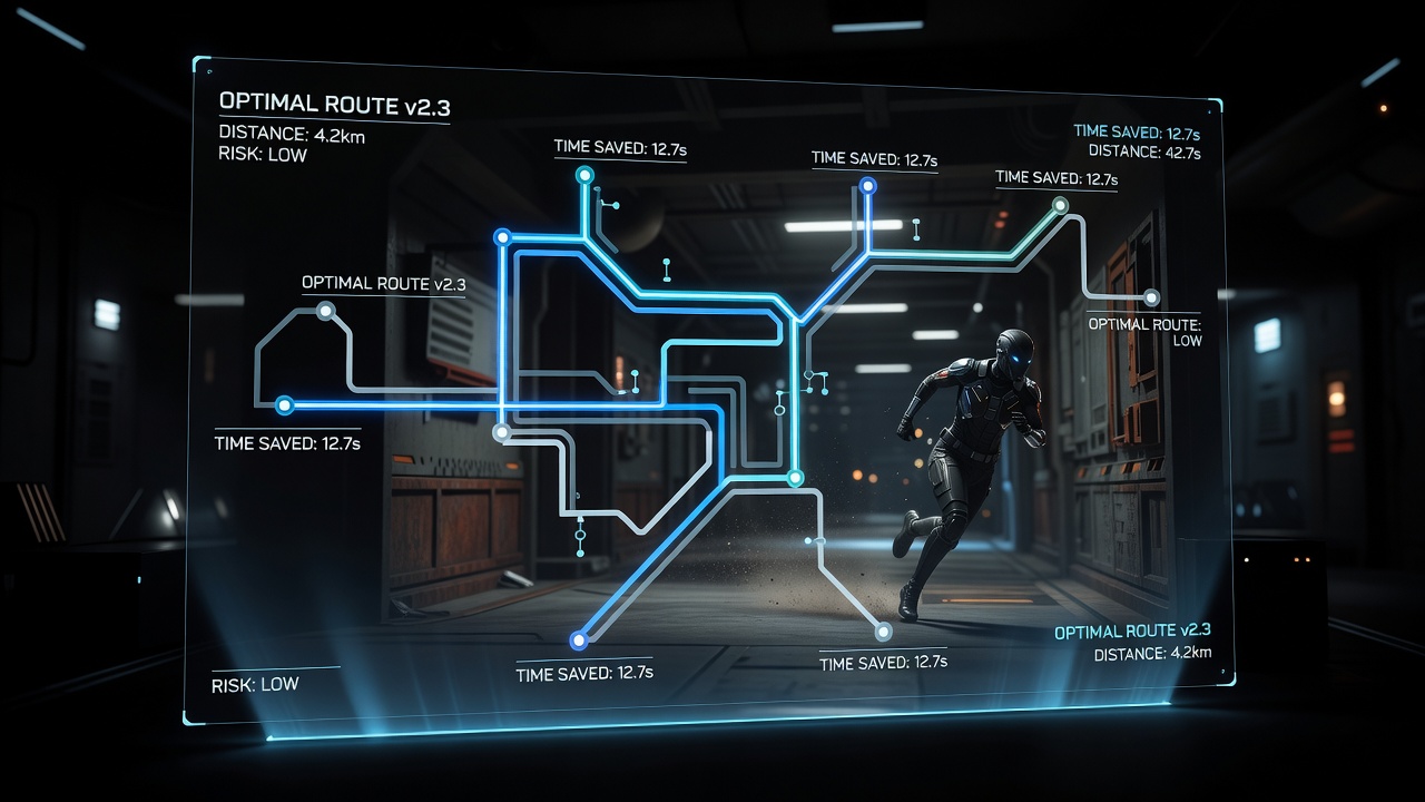 Speedrunner reviewing detailed minimap overlay data on a secondary monitor while practicing routes in a linear action adventure title