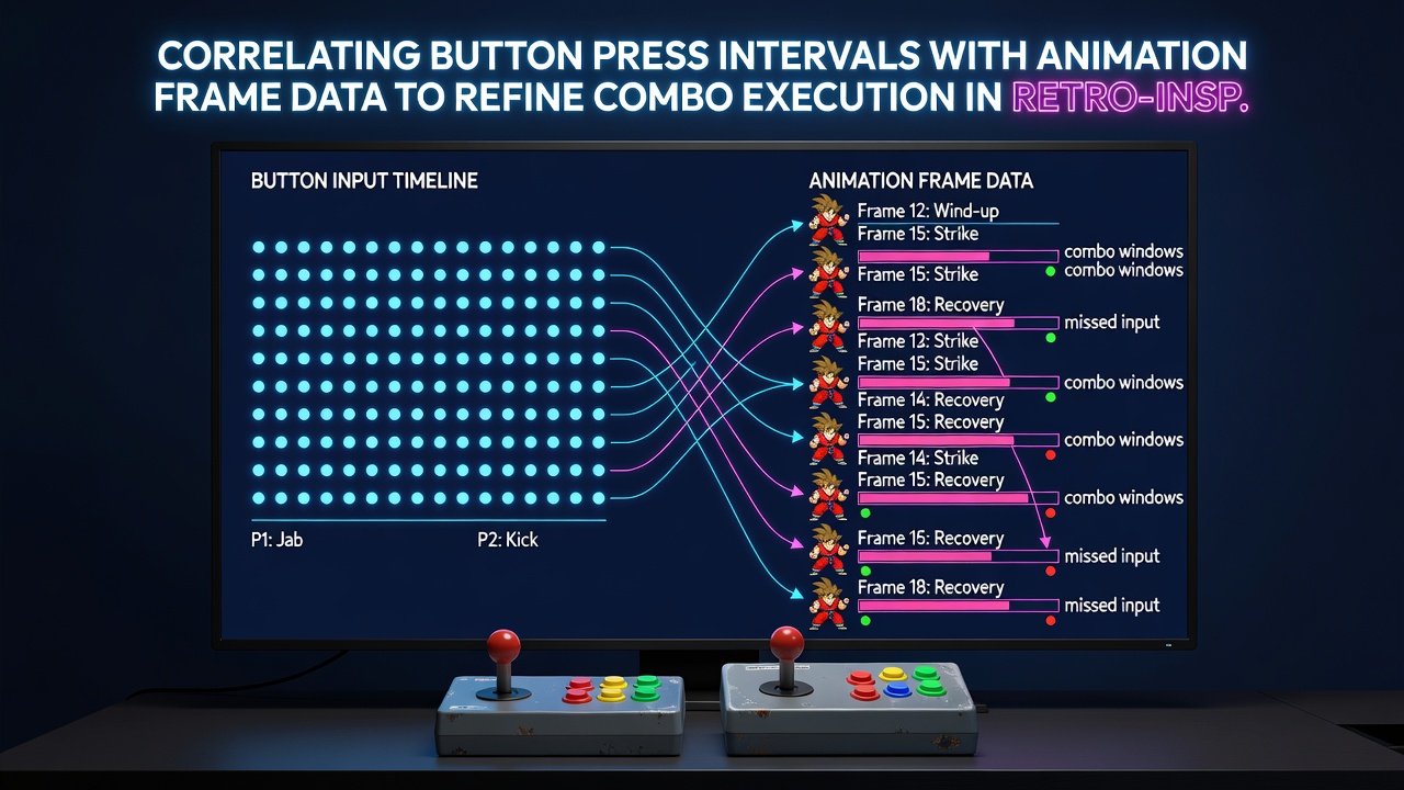 Player using a controller to execute combos while frame data overlays display timing windows on screen