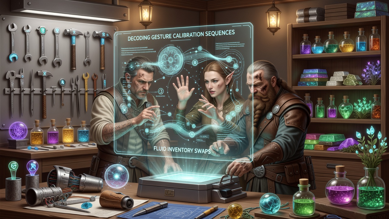 Players demonstrating synchronized gesture handoffs during a fantasy raid crafting session
