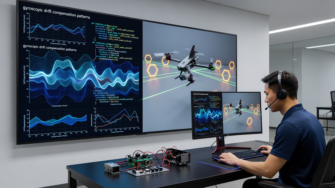Player using motion controls in a sci-fi flight combat simulator with overlaid sensor compensation graphs
