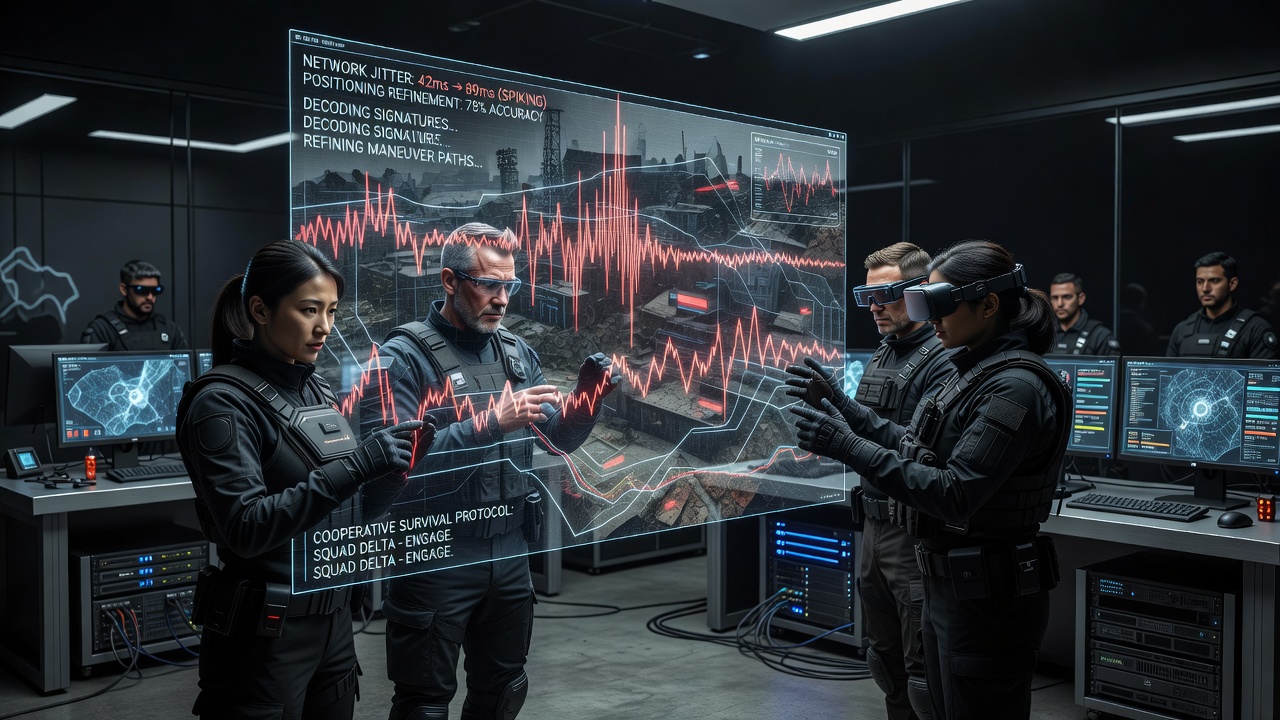 Squad members reviewing jitter analysis dashboard during a cooperative survival campaign session
