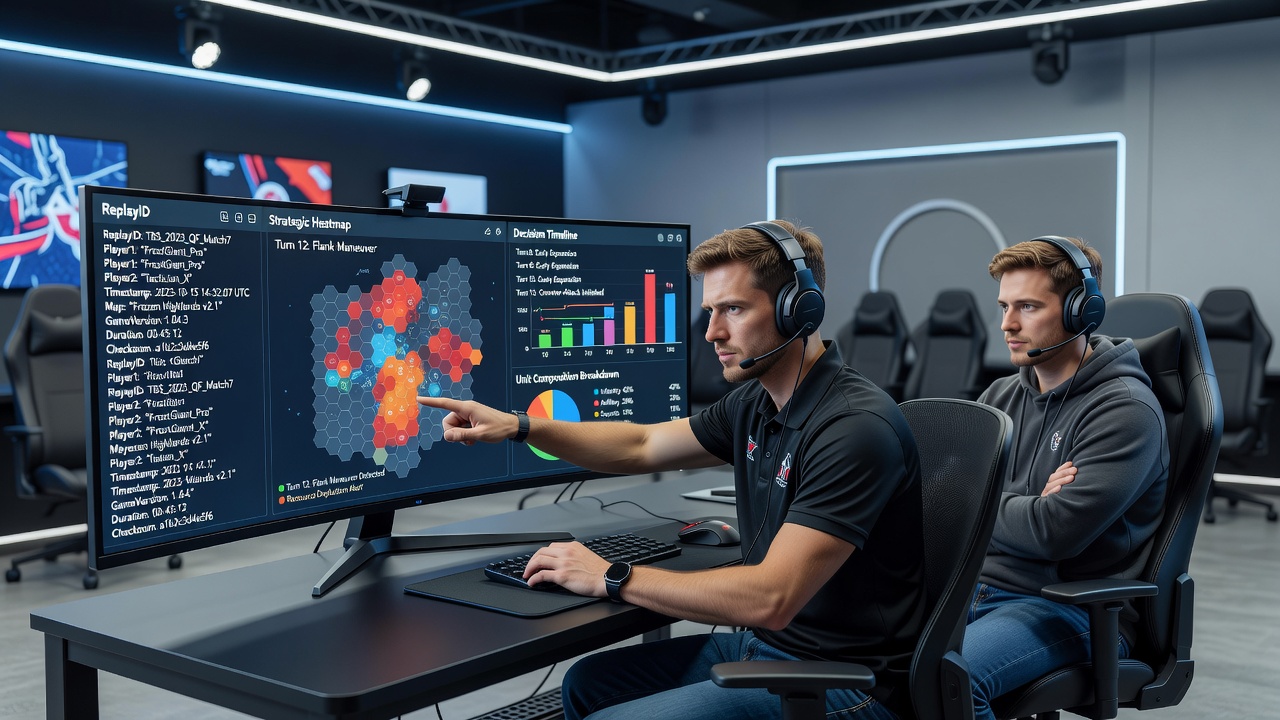Team reviewing parsed replay data and strategic overlays on a conference table setup