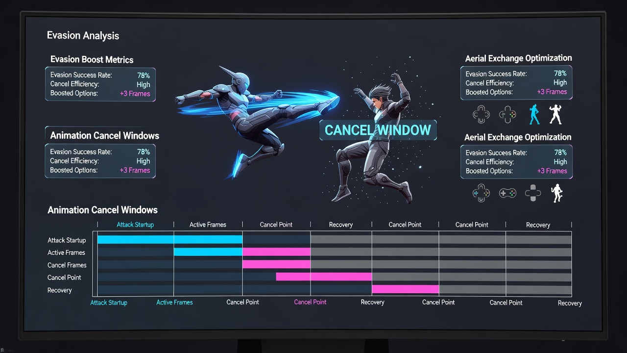 Tournament player demonstrating aerial evasion through animation cancels with overlaid frame timing indicators