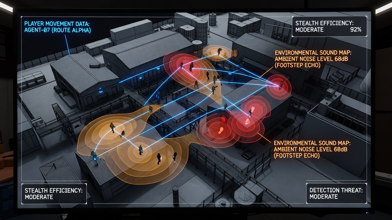 Flow diagram illustrating data fusion between player locomotion metrics and spatial audio occlusion grids during stealth gameplay