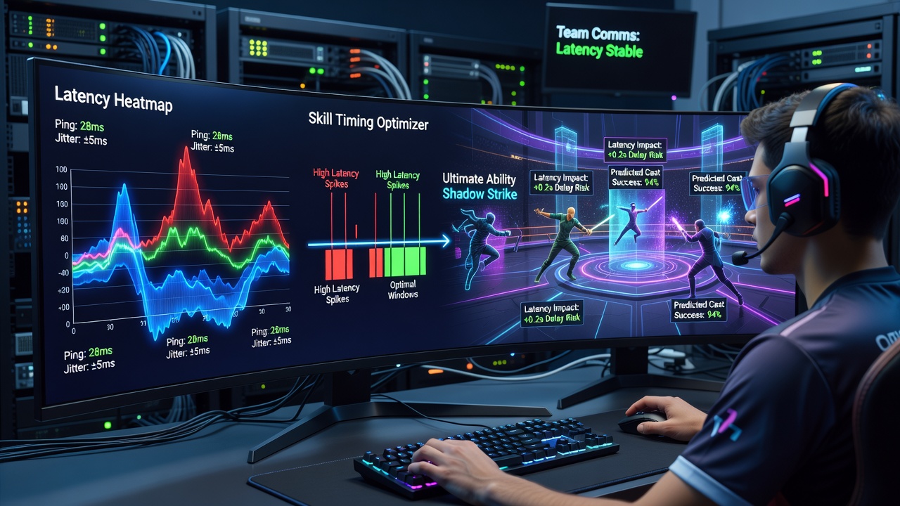 Screenshot of a latency monitoring tool displaying jitter graphs during an active arena battle with highlighted ultimate ability timing markers