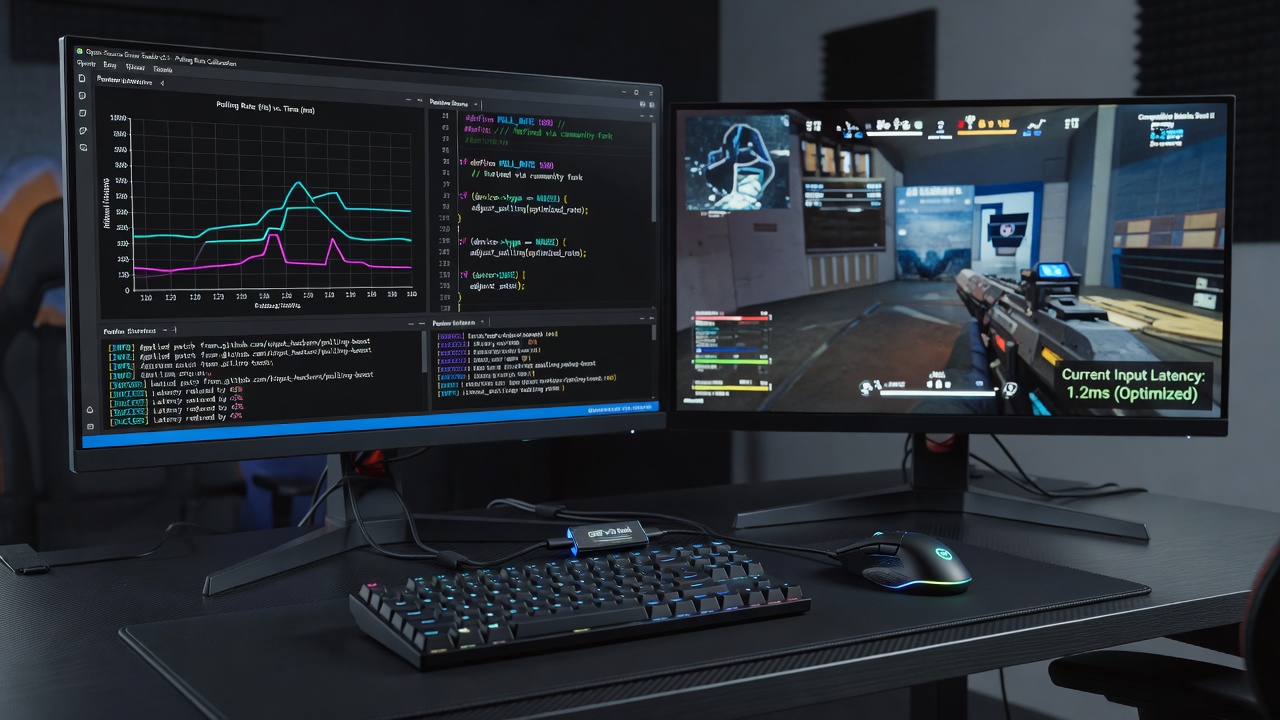 Close-up of open-source driver configuration tools running on a laptop connected to fighting game peripherals