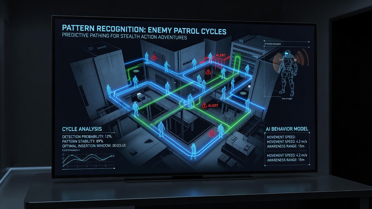 Player character hidden while analyzing multiple guard patrol routes on a security monitor overlay