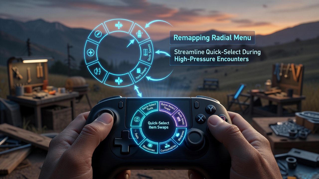 Gamepad with remapped radial menu controls overlaid on an open-world crafting game interface showing quick item selection