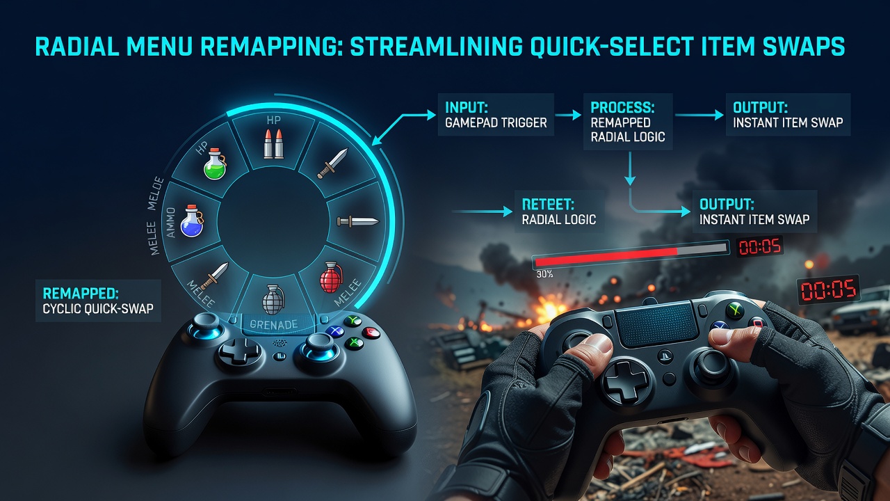 Close-up of gamepad radial menu customization screen with highlighted remapped sectors for crafting items