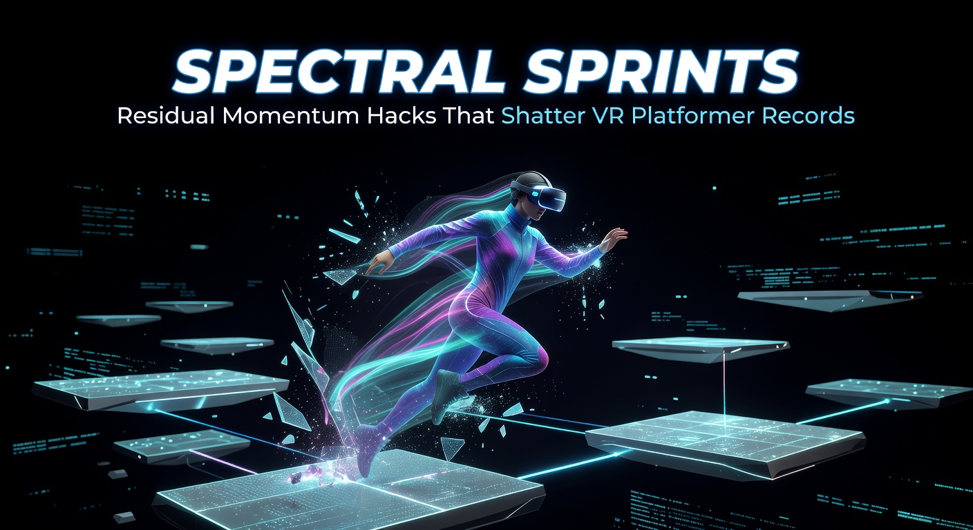 A VR player mid-sprint, trailing spectral momentum lines across a glowing platformer chasm, headset glowing in dim virtual light