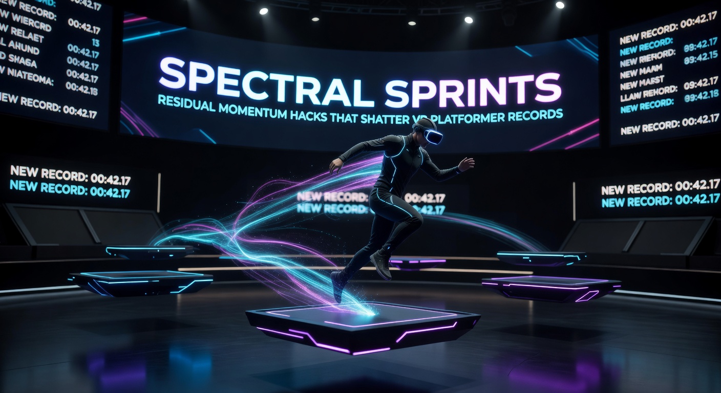 Close-up of VR controllers and headset display showing momentum trail graphs during a record-shattering spectral sprint sequence