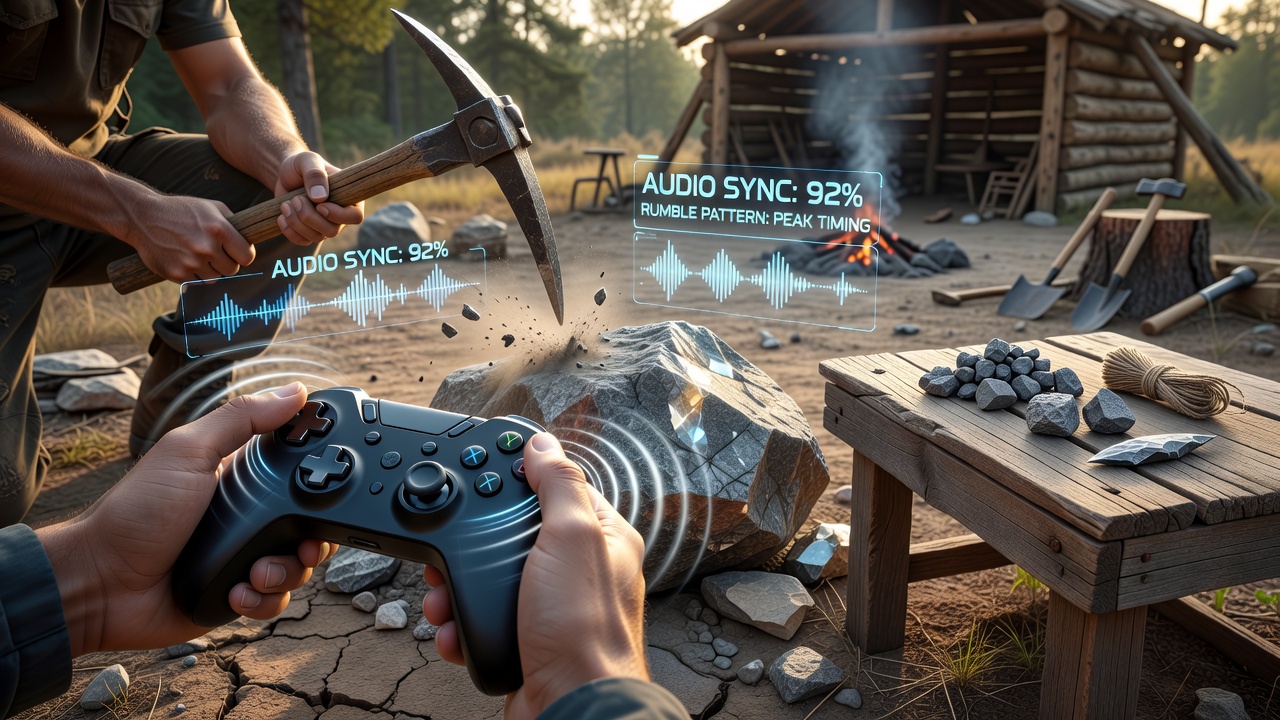 Controller held in hands during a survival crafting game session showing rumble feedback patterns aligned with on-screen resource gathering audio cues