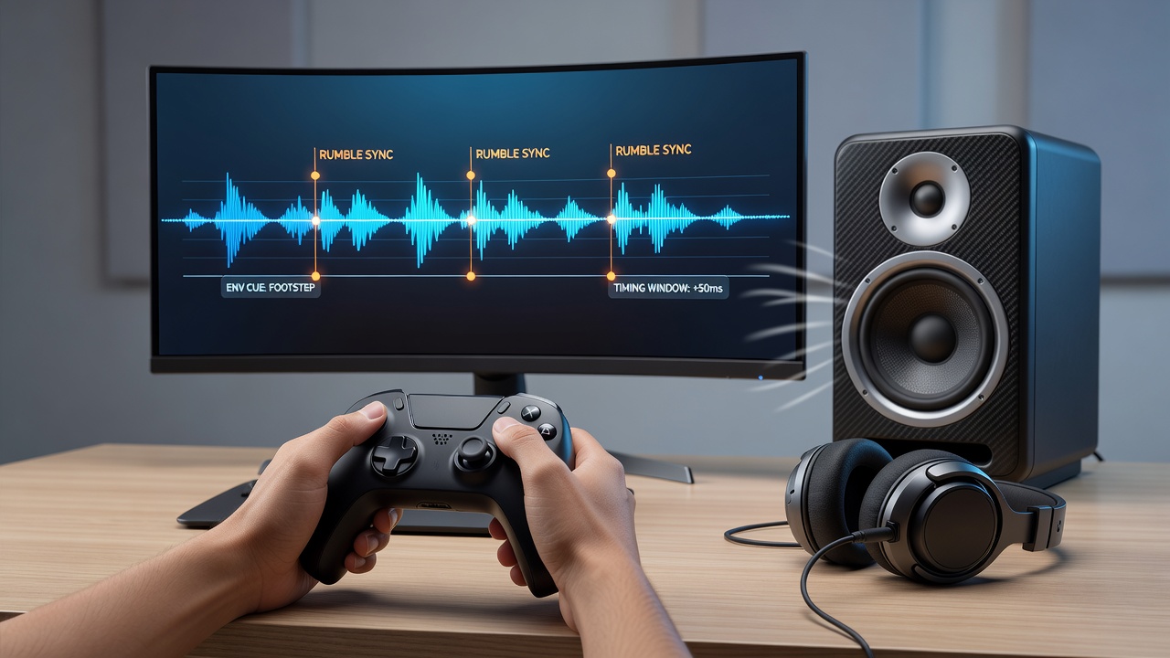 Close-up of game controller with environmental audio waveform overlay demonstrating rumble synchronization during a mining sequence