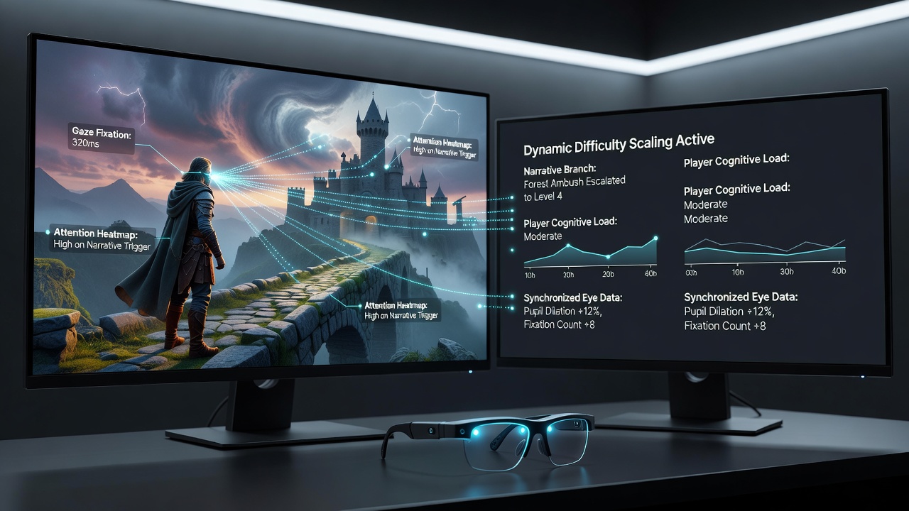 Eye-tracking sensors integrated with narrative adventure game interfaces showing real-time player focus mapping