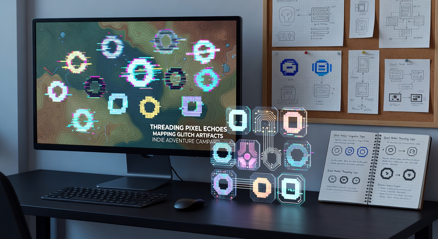 Developer workspace showing glitch echo data mapped to quest progression trees in an adventure campaign editor