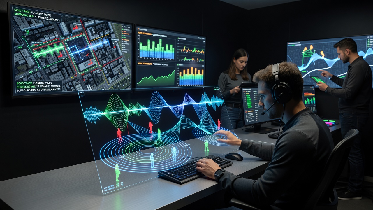 Tactical shooter operator using surround audio cues to track positions in a dark extraction zone