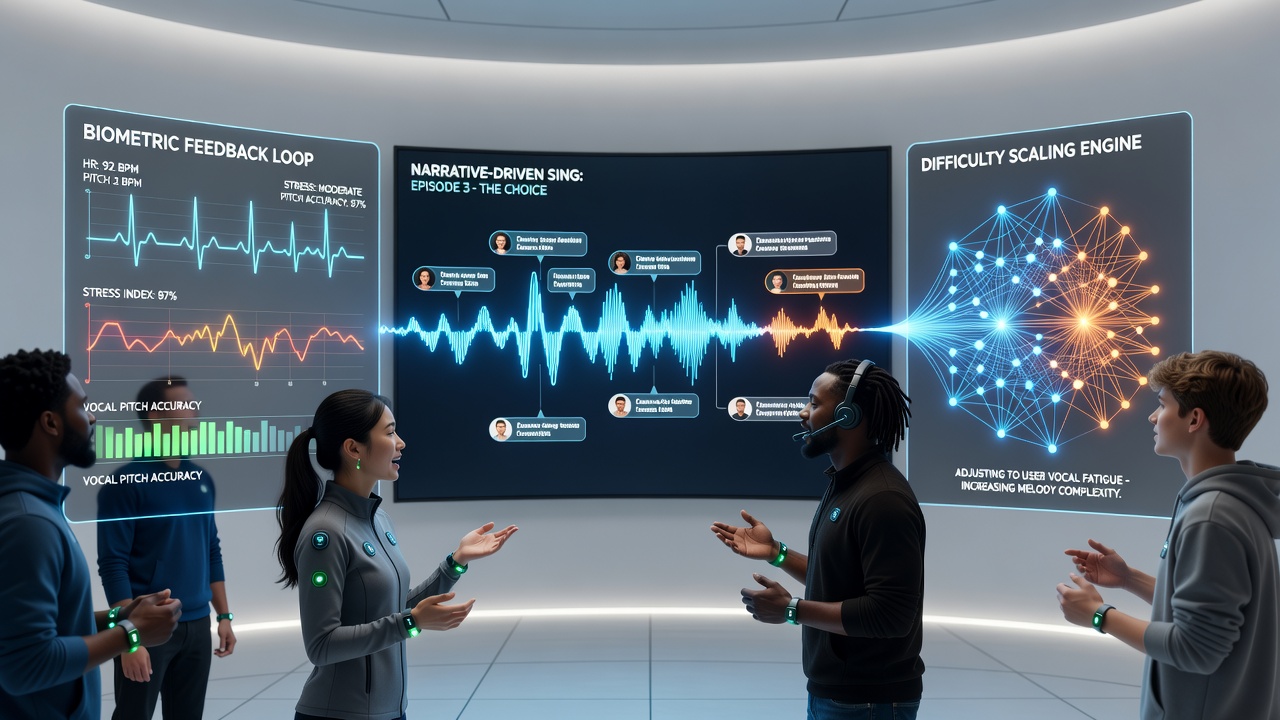 Dynamic difficulty scaling interface displaying biometric data overlays on narrative quest maps with real-time adjustment indicators
