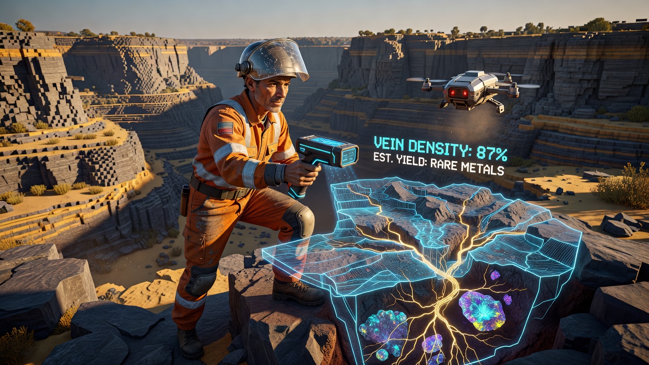 A miner character scans layered rock formations with adjusted depth cues in a vast procedural cave system