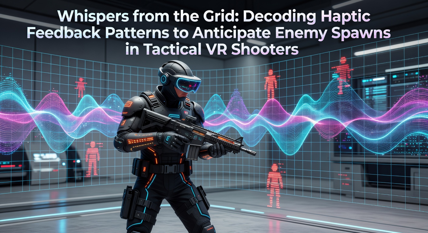 A VR gamer gripping controllers tightly as subtle vibrations pulse through their hands, signaling an unseen threat in a dimly lit tactical arena