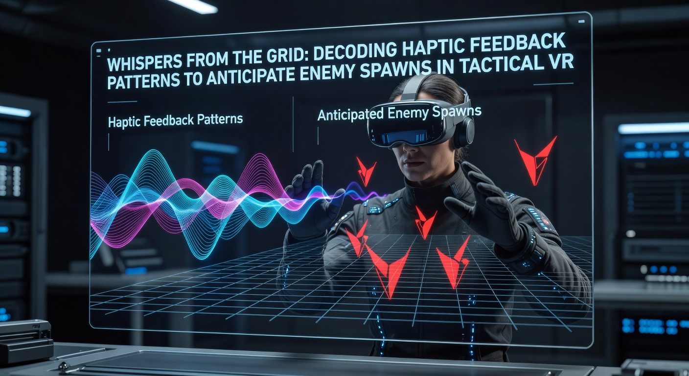 Close-up of haptic feedback waveforms on a screen, overlaid with a tactical VR map highlighting predicted enemy spawn points based on vibration analysis
